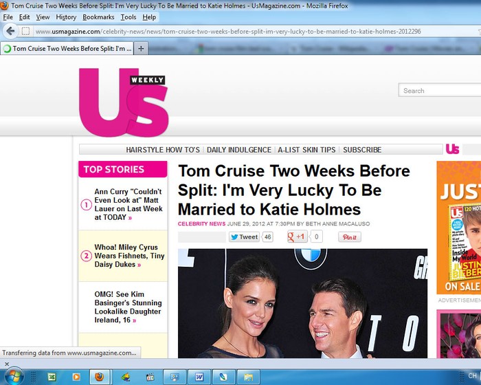Trang USmagazine: Hai tuần trước khi chia tay, Tom Cruise đã từng chia sẻ: "Tôi là người đàn ông may mắn khi cưới Katie Holmes"